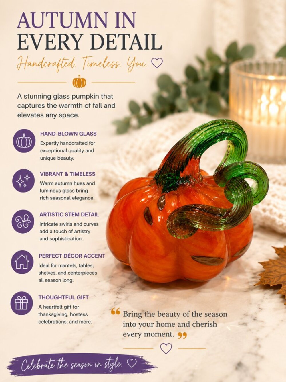 Vibrant Glass Pumpkin Sculpture - Orange and Green